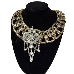 Vtg costume jewelry necklace heavy gold-tone chain large rhinestone pendant